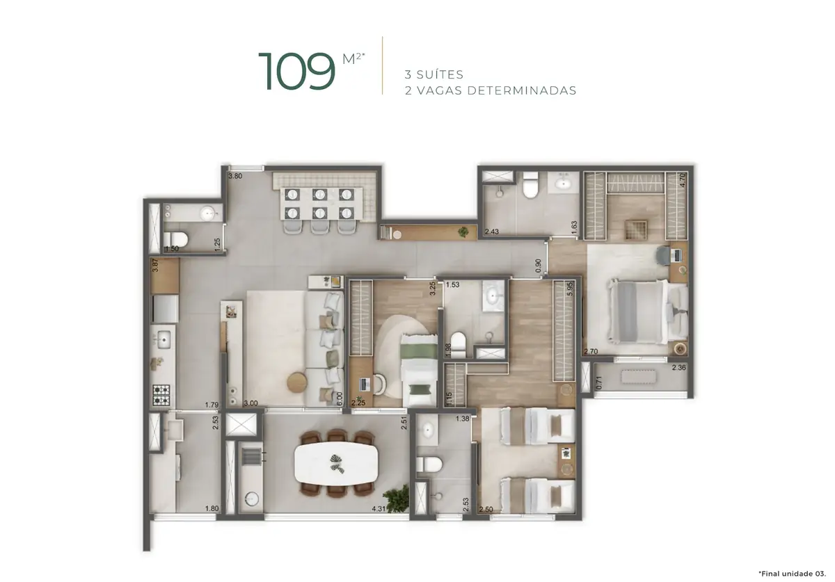 Planta De 109 M², 3 Suítes, Do Raízes L’avenir. Sugestão De Decoração, Imagem Ilustrativa.